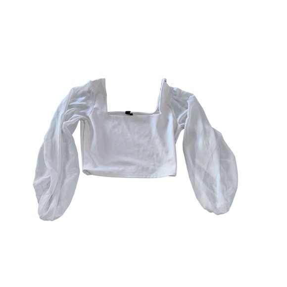 Windsor Tops - Windsor Beige Sheer Puff‎ Sleeve Square bNeck Crop Top Blouse Womens Large